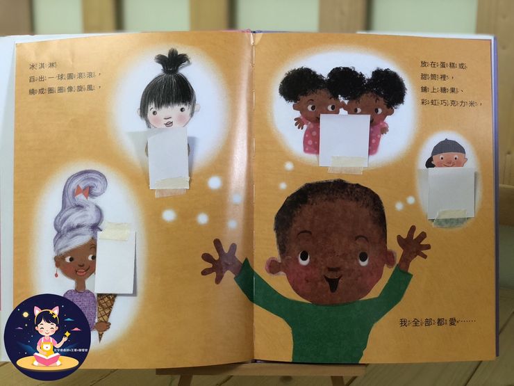 把這些配角們手拿的冰淇淋用紙片貼起來，讓孩子們猜猜看，各自拿的冰淇淋會是什麼模樣？ 