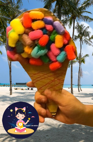 魔法玉米粒黏貼用厚紙板裁切的冰淇淋。是不是色彩繽紛，超級開胃呢！