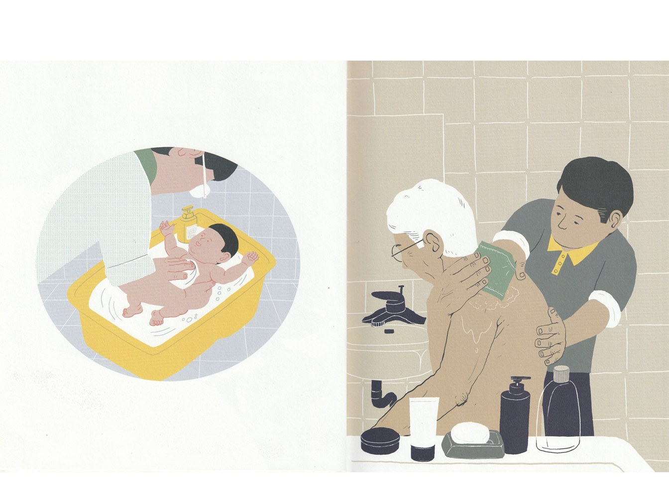 不只是透過背後家具及擺設的細緻變換，呈現出老人身處空間的變化。  我們更可以從穿著色彩及色塊的配置，讀出左右兩頁實則為同一人的訊息。