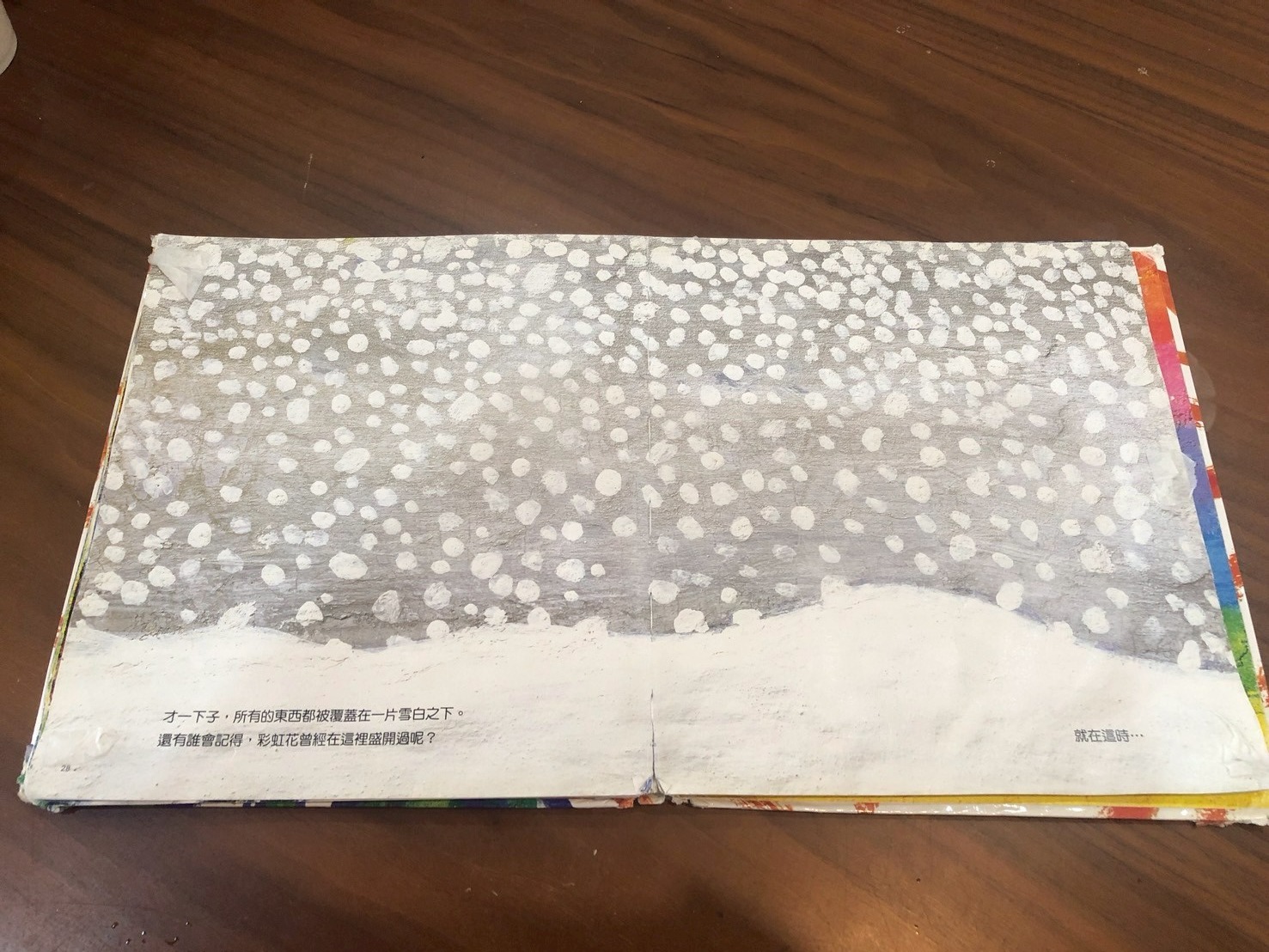 當我們把畫紙移開，露出原創的下雪地畫面時，大家都嘖嘖稱奇，小小孩都露出崇拜眼神，剛才的大姊姊真厲害！  因為原創就畫了一整片的雪地呢！連彩虹花的雪地埋葬位置也幾乎是一模一樣呢！